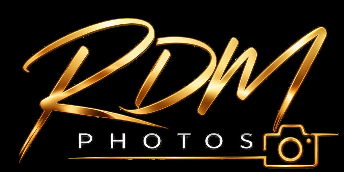 RDM Photos logo in gold script lettering with camera icon on black background